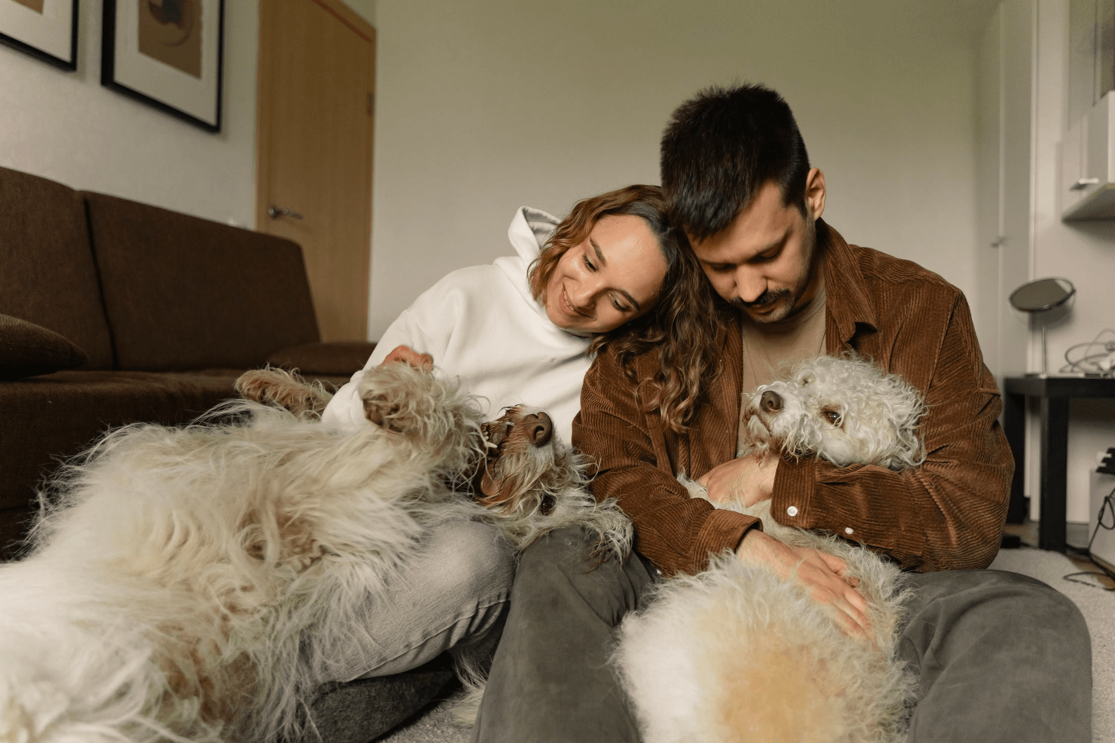A couple relaxing at home on the living room floor with their three fluffy dogs